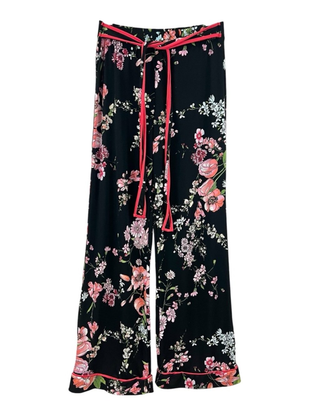 Modcloth Monteau Asian Floral Black Belted Wide Leg Flowy Pants
